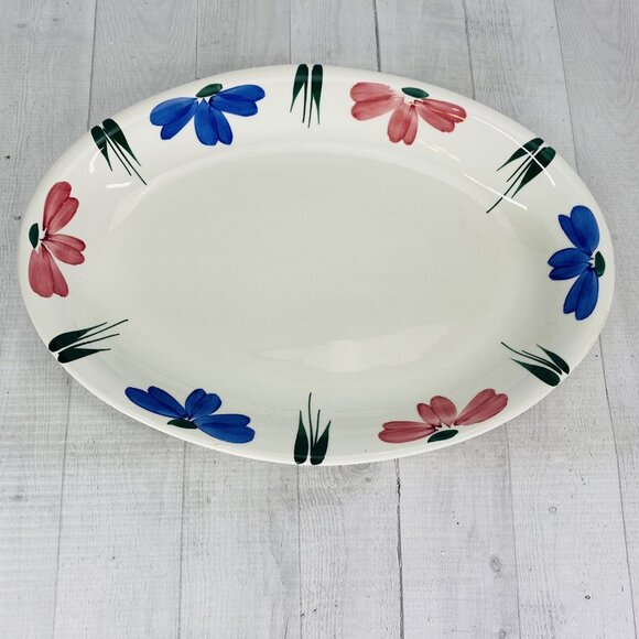 Furio JEWFLORA Italy Blue Pink Flowers Rim Large 16" Deep Dish Serving Platter - Picture 2 of 13